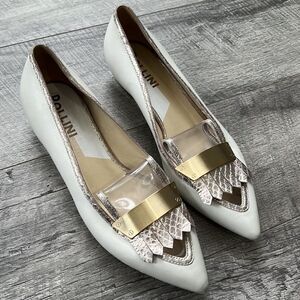 Pollini limited edition white silver gold flat loafers shoes Italy Sz 38 USA 8